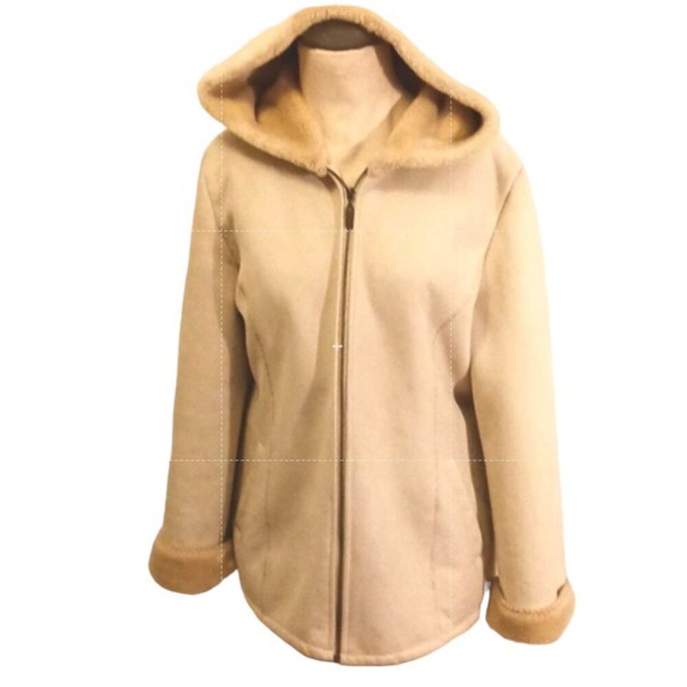 Marvin Richards Coat Women's Sz M Beige Fleece Lined Faux Suede Hood Warm Jacket - Picture 8 of 16